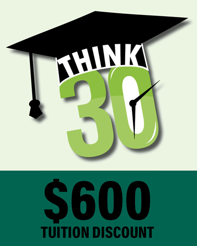 Think 30 icon (graduation hat & think 30 text)