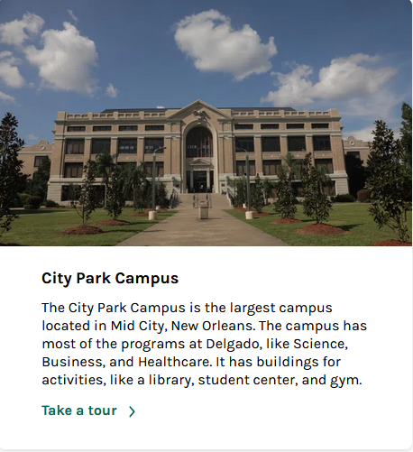 image of front of building 1 at the city park campus with description of the campus and take a tour link
