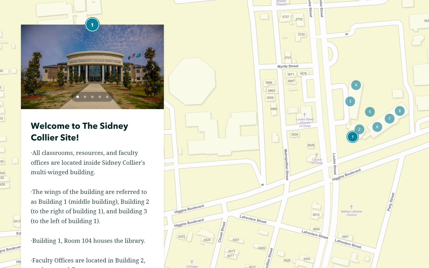 map with locations marked with blue dots and image of building with sidney collier written
