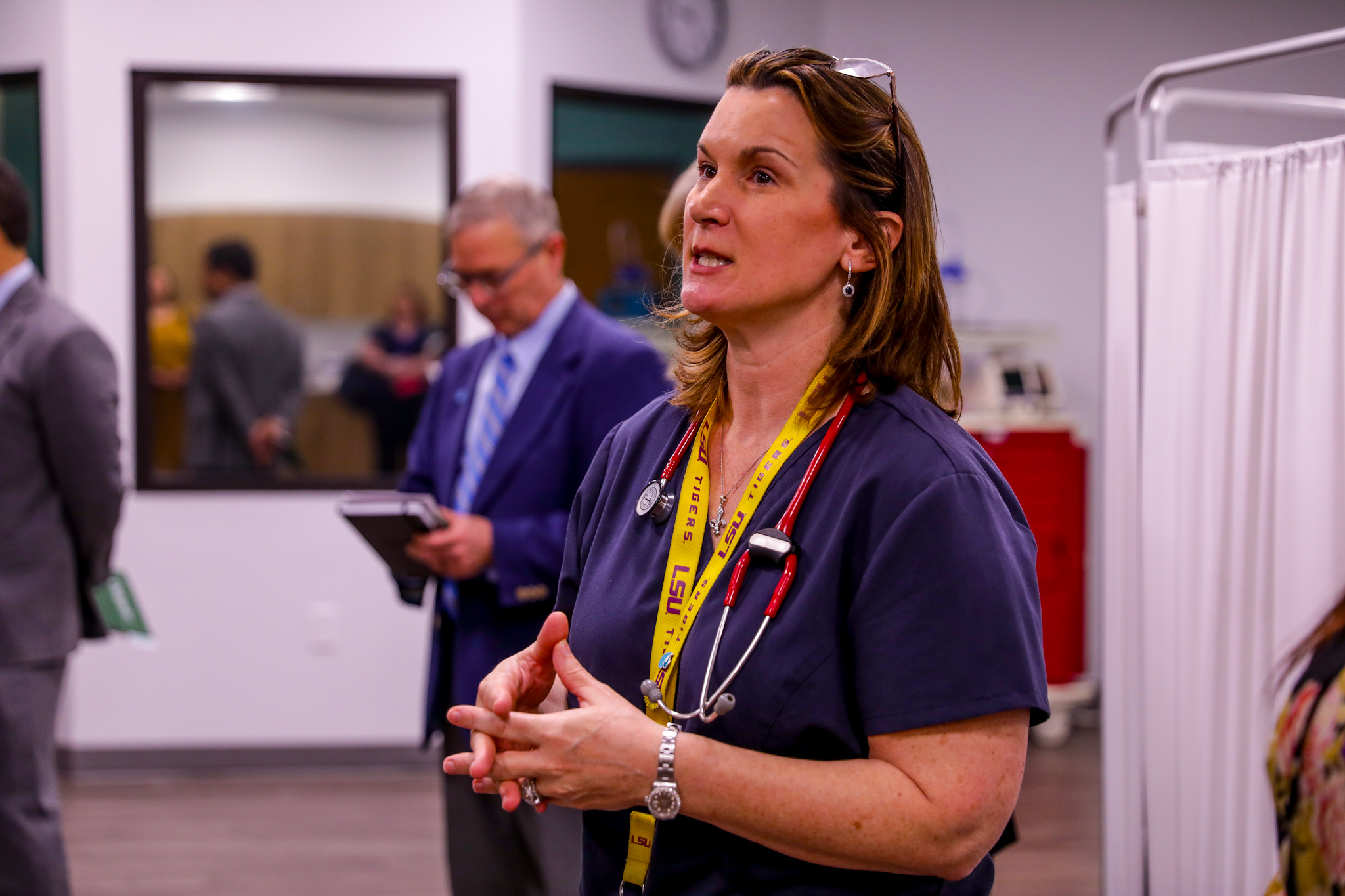 Rene Randall conducts a tour of the simulated hospital