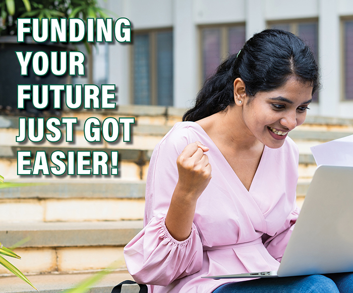 student looking at her laptop with excitement. Text reads "Funding your future just got easier!