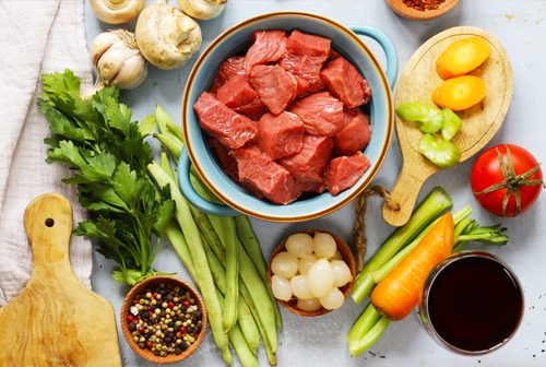 raw meat with vegetables for ingredients