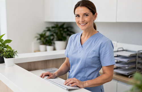 female in blue medical scrubs working on a computer